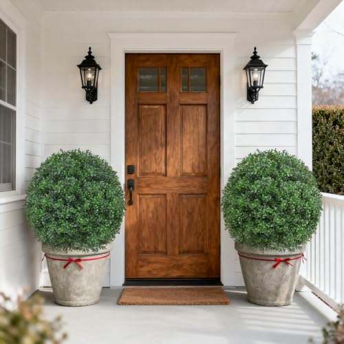 Grooy 2 Pack Artificial 27.6" Boxwood Topiary Ball Trees with Ground Spikes | UV Resistant Fake Shrubs, Artificial Evergreen Bushes, PE Material, Realistic Plants for Outdoor Front Door Garden Decor - color: Boxwood Ball