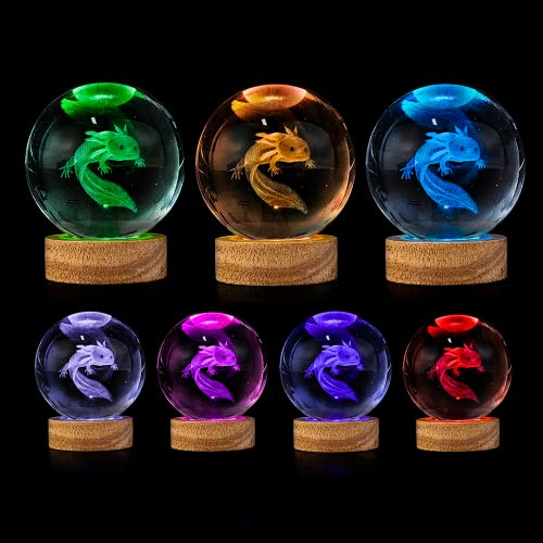 3D Axolotl Crystal Ball Night Light with 16 Color LED Wooden Base, Upgraded 3.15 Inch Axolotl Glass Ball Lamp with Remote Control Cool Desk Decor Gifts for Kids Girls Boys Friends Fans - color: Axolotl-a