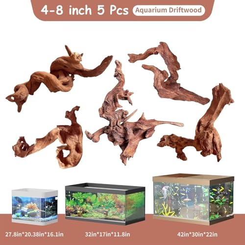 Natural Driftwood for Aquarium Decor, 5 Pack Assorted Sizes 4-8", Real Sinking Wood for Fish Tank, Reptile Terrarium, Mopani Style Branches for Moss, Plants & Shrimp Habitat - size: Mopani Driftwood 4-8" (Pack of 5)