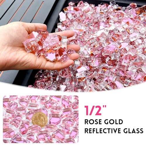 10 Pounds Fire Glass 1/2 Inch High Reflective Tempered Firepit Glass | Rose Gold Rocks for Fireplace, Fire Pit Table, Fire Bowl and Landscaping & DIY Crafts - color: Rose Gold, size: 1/2 inch, 10lb