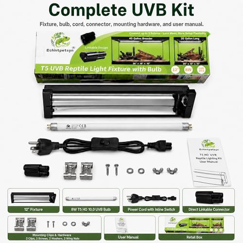 12-Inch 8W T5 HO 10.0 UVB Reptile Light Fixture Combo Kit | Bulb Included Instrument-Checked UVB Output Linkable Connector Curved Reflector Compact Terrariums Bearded Dragon Enclosures