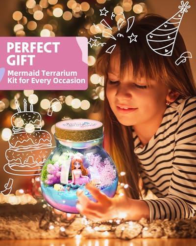 Winnrok Mermaid Terrarium Kit for Girls - DIY Night Light Craft with 13-Color LED, Remote & Timer. Ideal Easter Basket Stuffers, Birthday Gift for Kids Ages 4-8-12. Create Underwater Garden