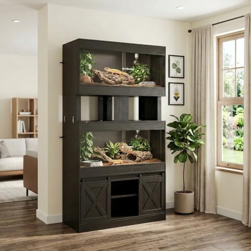 Dual 120 Gallon Reptile Tank with Stand, Albizia Solid Wood-Core Double 4x2x2 Reptile Enclosure, Bearded Dragon Tank, XXL Stackable Reptile Terrarium Stand for Snakes, Lizards (Black)