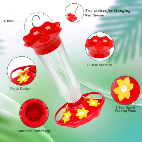 10oz Plastic Hummingbird Feeders for Outdoors - 2 Pack, Ant & Bee Proof, 6 Feeding Ports, Easy Clean Red Nectar Feeders for Outside Hanging, Gifts for Mom