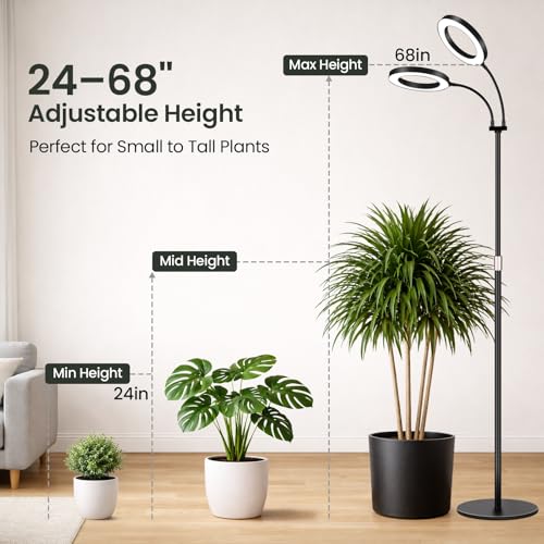 LBW Dual Head Grow Light with Stand for Indoor Plants, Full Spectrum Grow Light for Tall Plants, Adjustable Height up to 68", Auto Cycle Timer 6/8/12/16H, 5-Level Dimmable, 3 Lighting Modes, Black - size: 2 Head 6.3" Black