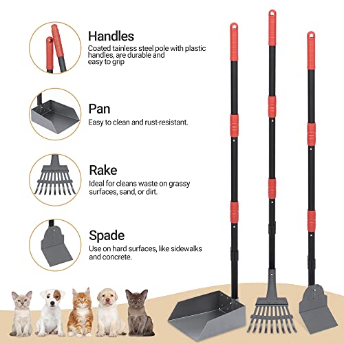 Dog Pooper Scooper, Dog Poop Tray and Rake Set with Long Stainless Handles | Pet Waste Removal Scoop with Adjustable Sectional Handles - color: Black/Red