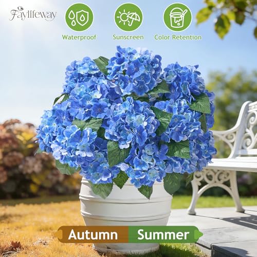 12 Heads Artificial Flowers for Outdoors, UV Resistant Faux Hydrangea Flowers for Outdoor Planters Front Porch Garden Window Box Patio Decor (Blue) - color: Blue