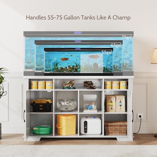 55-75 Gallon Fish Tank Stand with Power Outlet, Farmhouse 75 Gallon Aquarium Stand with Cabinet for Fish Tank Accessories Storage, Shelf, for Turtle Tank, Reptile Terrarium, 1000 LBS (White) - color: White