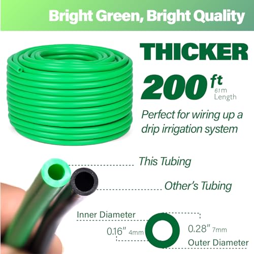 1/4in Drip Irrigation Tubing - 200ft Flexible Garden Hose for DIY Irrigation Systems, Hydroponics, Greenhouse & Outdoor Watering | Lightweight Misting Tubing, UV-Resistant (Green)