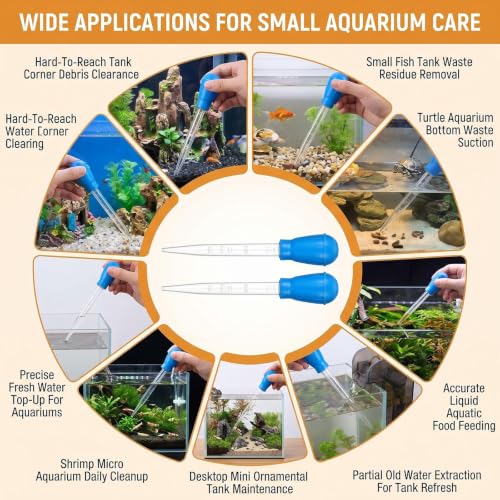 Aquarium Cleaning Pipette Manual Gravel Cleaner Tool 2 Pack | Clear acrylic tube with soft silicone bulb; pointed tip for waste suction; for small tank cleaning partial water change