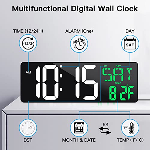 17" Large Digital Wall Clock with Remote, Auto Dimmer, Date Temp, Timer | Large clear display, Snooze function, Count up and down timer, Suitable for Living Room, Office, Gym Indoor Spaces - color: Green + White