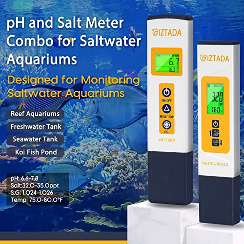 pH Meter and Salinity Tester Combo for Saltwater Pool and Aquarium | 6 in 1 pH Salt SG EC TDS Temp Meter for Reef Aquarium Seawater Tank Koi Fish Pond PPM and pH Water Tester for Hydroponics