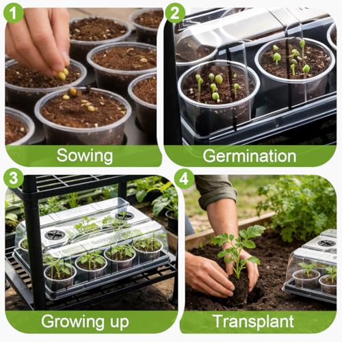 RooTrimmer 5 Pack 12 Cell Nursery Pot Trays with Adjustable Humidity Domes & 4 Inch Clear Pots 60 Pack, Sturdy Seed Starting Kit for Greenhouse Garden, Reusable Plant Growing Germination 5 Sets - color: Black + Clear, size: 4 Inch 60 Pack Pots With 5 Pack