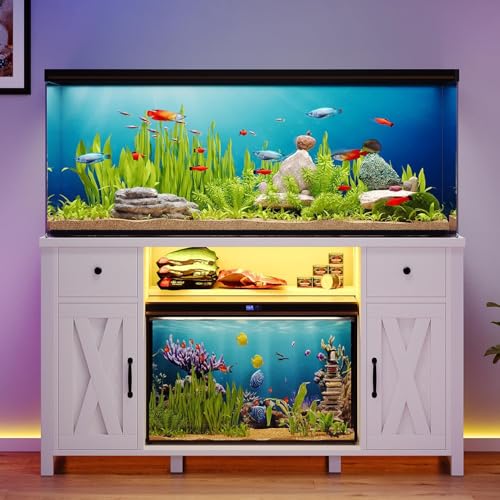 4ever2buy 55-75 Gallon Fish Tank Stand, Aquarium Stand with Storage, White | 52 x 20 In Top, Farmhouse Turtle Tank Stand, 2 Drawers & 2 Barn Doors, LED Light, Power Outlets, Shelf Storage, Heavy Duty - color: White