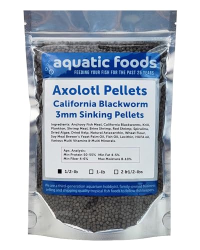 Axolotl Blackworm Pellets. 3mm-1/8 Sinking California Blackworm Medium Pellets for Medium/Large Axolotl, Shrimp, Salamanders, Frogs, Snails, Newts…1/2-lb Pouch Bag - size: 8 Ounce (Pack of 1)