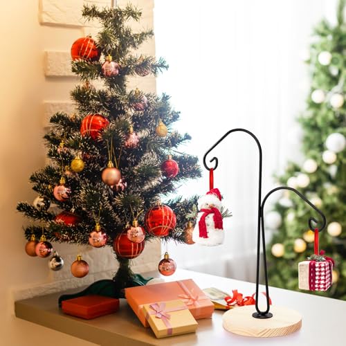 WRINGKIT 4 Pack Ornament Display Hanger Stand, Wood Base, Double Hook-Style | Sturdy Ornament Holder, Metal Air Plant Flower Pot Hanging Terrarium Stand for Christmas Halloween Decoration, Glass Globe
