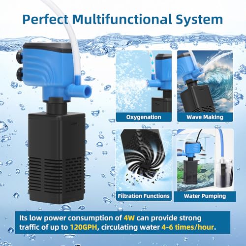 DaToo Aquarium Filter 5-15 Gallon Fish Tank Filter 120GPH Powerful Pump For Aquariums Adjustable Air Flow Submersible Internal Aquarium Filters For Pond Wavemaker Air Supply Freshwater And Saltwater