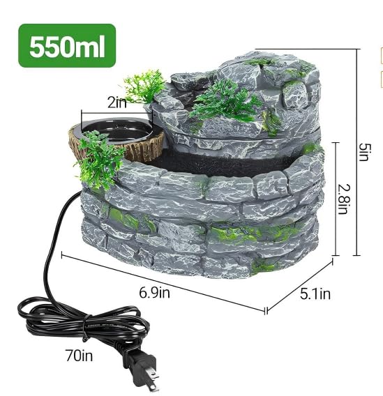550ML Reptile Water Fountain with Food Dish – Terrarium Drinking Fountain for Bearded Dragon, Gecko, Chameleon, Lizard, Tree Frog & Turtle – Keeps Water Clear, Easy-to-Use Water Dispenser