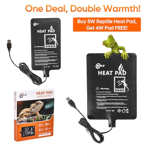 Besto 2 Pack Reptile Heat Pad, USB Powered Under Tank Terrarium Heating Mat (4"x7" 4W + 6"x8" 8W) Waterproof Reptile Heater for Turtle, Lizard, Hermit Crab, Frog, Snake, Small Mammals