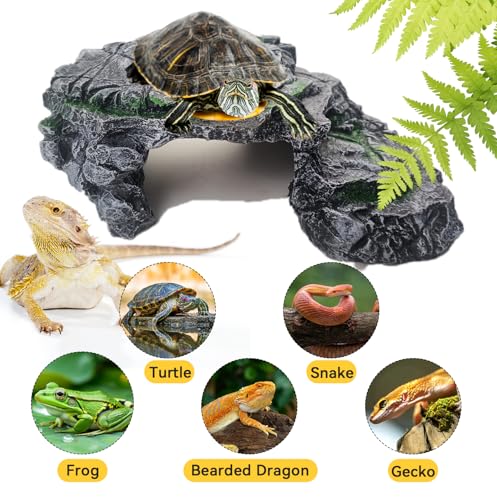 kathson Turtle Basking Platform,Resin Bearded Dragon Basking Platform Reptile Habitat Cave Climbing Ramp Turtle Tank Decoration for Leopard,Geckos,Lizards,Turtles,Snakes,Frogs,Newts - style: hideout