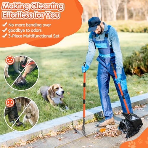 SlowTon Dog Pooper Scooper, 37.4" Long Handle Poop Scoop for Large Dogs | Adjustable, Portable, Non Breakable, with 20 Waste Bags, Swivel Extra Large Bin & Rake & Spade Kit, for Gravel Lawn Grass - color: Orange, size: X-Large 6L Bin+20 Waste Bag