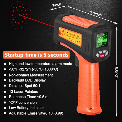 -58°F ~3272°F FKM Infrared Thermometer High Temperature Gun 50:1 Ratio | Digital IR Temp Gun,High Precision-Laser Thermometer Gun for Cooking,Kilns,Forges,Engine,HVAC,Industrial and Home Repair - color: Orange
