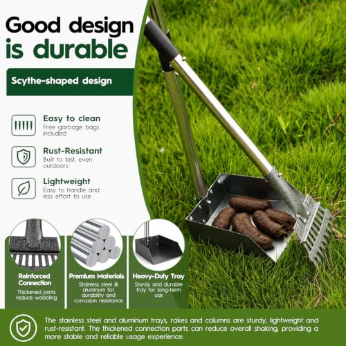 Long Handle Dog Pooper Scooper with Extension & Spare Poles, Stainless Steel Rustproof for Large Medium Dogs Yard Lawn | Ergonomic height adjustment, Four optional configurations, fits various grounds, easy to clean, free gloves & hook - size: Large 2‑Pc