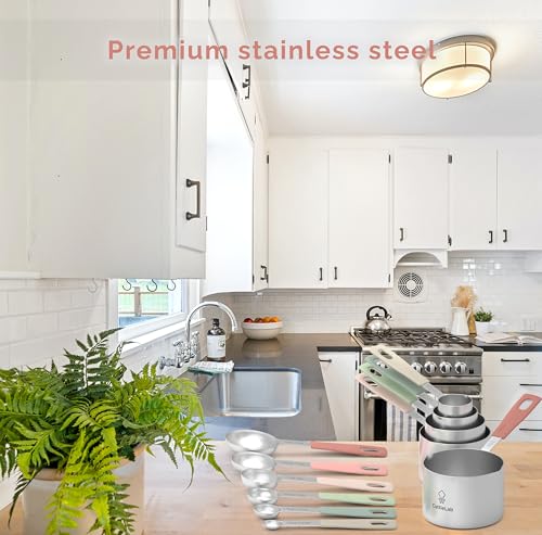 Measuring Cups and Measuring Spoons Set of 14 - Stainless Steel Measuring Cups and Spoons Set, Includes 1/8 Teaspoon Measuring Spoon, 1/8 Cup Measuring Cup, Leveler Dry (14, Country Chic) - color: Country Chic