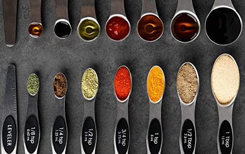 Magnetic Measuring Spoons Set Stainless Steel Stackable Measuring Spoons | Dual Sided Nesting Teaspoons Tablespoons Set of 8 for Measuring Dry and Liquid Ingredients - color: black-8