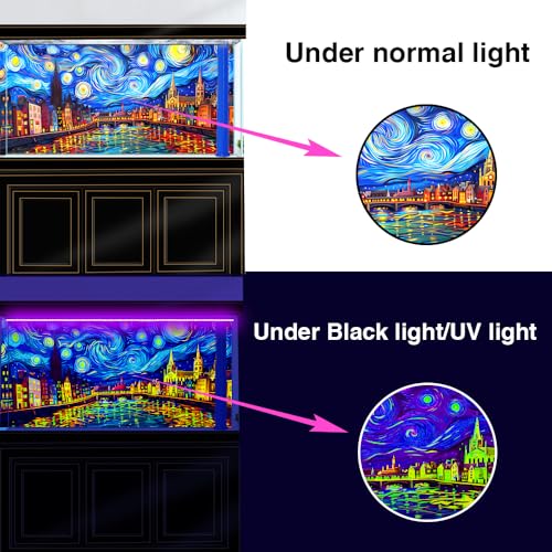 30X18IN Blacklight Vincent Van Gogh Black Light Aquarium Background, UV Fish Tank Background Art Oil Painting Terrarium Background with 10 EVA Double-Sided Tape - size: 30X18in/75X45cm