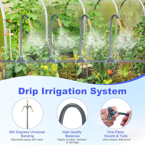 M METERXITY 1-Set Drip Irrigation System, 50Ft 1/4" Hose Garden Watering Misting System with 12pcs 360° Adjustable Copper Nozzles for Greenhouse/Yard/Lawn, Atomizing Watering Accessories - color: Gray + Gold Tone, size: 50Ft 1/4"