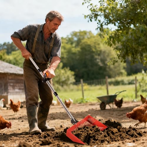 Chicken Poop Scooper, 2-in-1 Metal Chicken coop Scoop | 35 to 76" Adjustable aluminum alloy Handle for Sand & Rake, Litter Scooper Sand Sifting Shovel Chicken Coops/Animals House