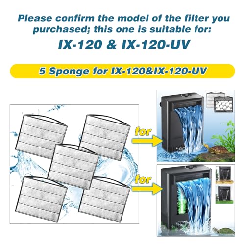 TARARIUM Turtle Tank Filters Material 5PCS Low Water Level Filters Replacement Aquarium Filters for IX-120 Filter & IX-120 U-V - size: 5 Sponge for IX-120& IX-120-U-V