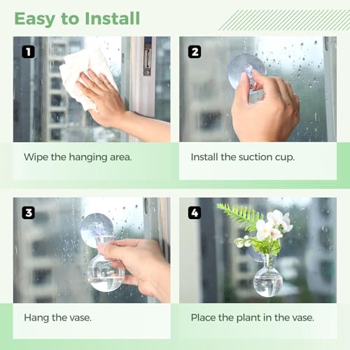 4 Pack Glass Propagation Vases for Plants, Hanging Window Planters with 4 Suction Cups and 2 Brushes, Glass Plant Terrarium Vase, for Water Cultivating, Home Decor, Housewarming Present