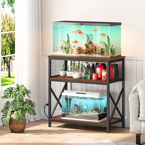 Snughome 29 Gallon Aquarium Stand with Charging Station, Heavy Duty Fish Tank Stand with Storage Cabinet, Metal Aquarium Stand Fits 20 Long, 29 & 30 Gallon Tanks, 350 LBS Capacity, Rustic Brown