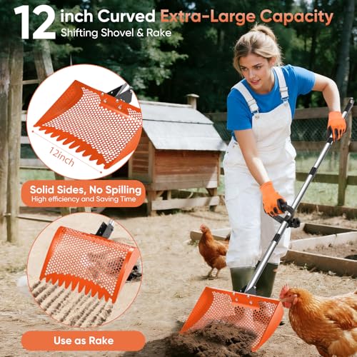 12inch Chicken Poop Scooper & Rake 2-in-1 with Adjustable Handle | Heavy Duty Metal Chicken Coop Scoop for Sand, Adjustable Angle Stainless Steel Chicken Coop Rake Sifting Shovel 37-64",Orange - color: Orange