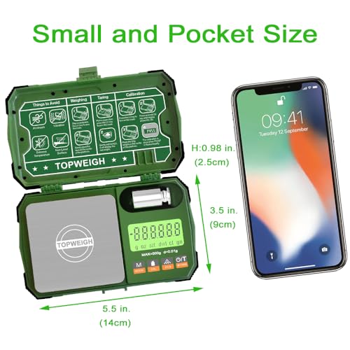 Pocket Scale, 500g x 0.01g, Dual Powered, Precision Gram Jewelry Scale with Zipper Case, Digital Small Coin Scale, Large Backlight Display, 6 Weighing Units,Cal Weight, USB Cable Included - color: Army Green