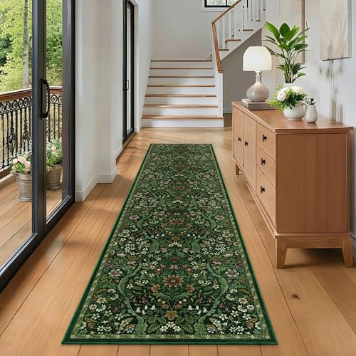 2x8 Floral Runner Rug for Kitchen Washable Hallway Runner Rug | Washable, Low-Pile, Non Slip Runner Rug, Green Floral, Stain Resistant, Soft Rug for Kitchen, Bedside, Laundry Room, Entryway - color: Dark Green, size: 2' x 8' (Runner)