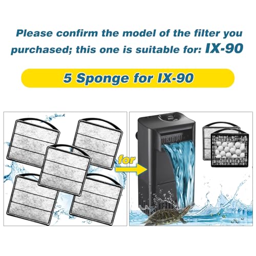 TARARIUM Aquarium Turtle Tank Filter 5pcs Low Water Level Power Filter Replacement Sponge Clip for IX-90 Filter - size: 5 Sponge for IX-90