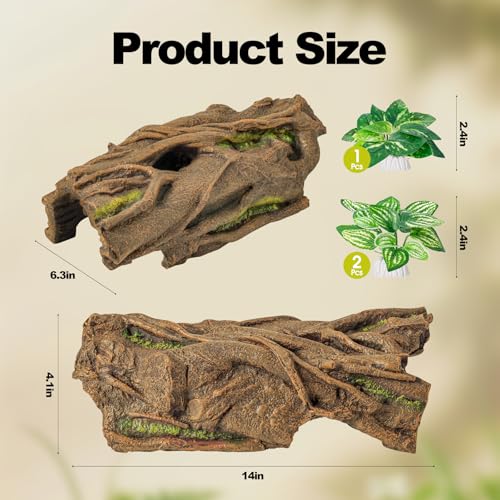 Lizard Snake or Reptile Hide, Large Reptile Hideout Hollow Tree Trunk Ornament Bearded Dragon or Gecko Tank Accessories Terrarium Decor with Peek-Through Hole