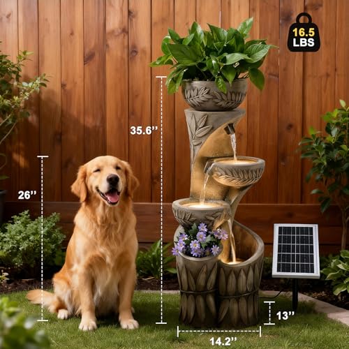 35.6" Solar Outdoor Water Fountain - Relief Leaf Design 4 Tiers Modern Cascading Bowls and Garden Fountains with Lights for Patio, Deck, Porch, Lawns, Backyard and Home Art Decor - color: Dirty White 35.6" Solar Powered