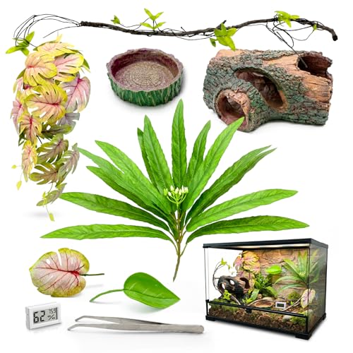 Crested Gecko Tank Accessories Kit,Tree Trunk Hideout, Artificial Plants | Feeding Bowl, Jungle Vines , Resting Leaves Platform , hygrometer thermometer , for Leopard Gecko, Frogs, Hermit Crabs