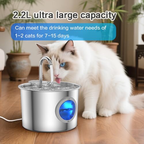 Cat Water Fountain Advanced 304 Stainless Steel 2.2L/74oz with Detachable Tank, Easy to Clean, Automatic Pet Fountain Quiet Cats Water Dispenser, Perfect for Cats Dogs Indoor