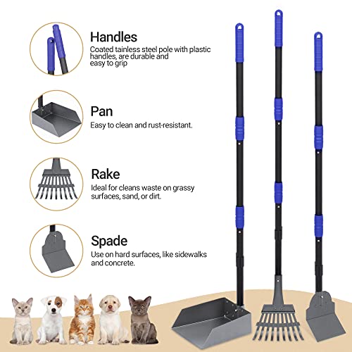 Dog Pooper Scooper, Dog Poop Tray and Rake Set with Long Stainless Handles | Pet Waste Removal Scoop with Adjustable Sectional Handles - color: Black/Blue