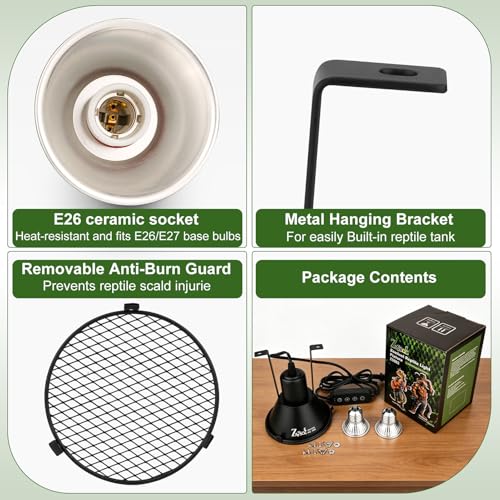 5-in-1 Reptile Heat Lamp Fixture Anti-Scald Guard 4.7" Hanging | Dome Light Fixture with Timer & 2 Pack 50W Halogen Warm Yellow Basking Light Bulb for Bearded Dragon, Gecko, Snake, Turtle