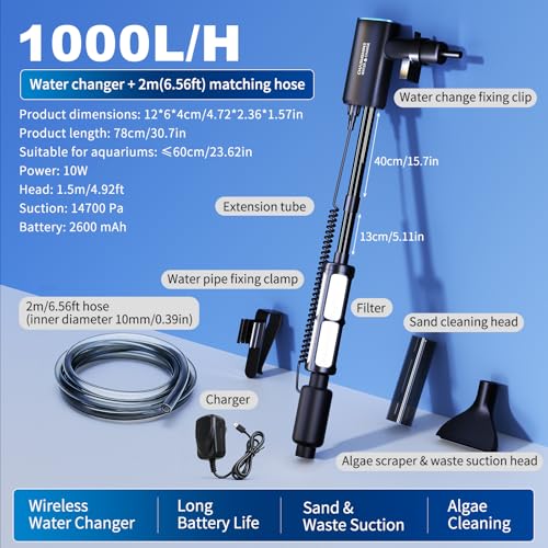 Cordless Gravel Vacuum Aquarium Cleaner for 5-10 Gallon,6-in-1 Automatic Fish Tank Cleaning Tools 2600mah Rechargeable Fish Tank Vacuum Small Tanks Change Water Wash Sand(10w) - size: For 5-10Gal