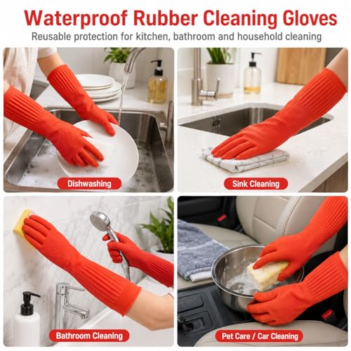 ThxToms Rubber Dishwashing Cleaning Gloves (2-Pair) - Fleece Lined | Reusable Long Dish Gloves for Washing Dishes, Waterproof Kitchen Gloves with Extra-Long Cuff & Anti-Slip Design, Large - size: Large (Pack of 4)