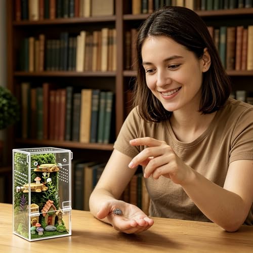 Jumping Spider Enclosure Starter Kit,Escape Proof Reptile Terrarium | Praying Mantis Terrariums,Transparent Acrylic Complete Bug Habitat,All In One Arboreal Tarantula Cribs Cage,Insect Container - color: Transparent, size: Small