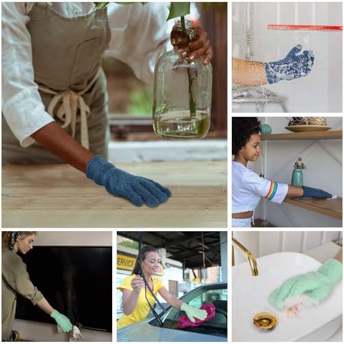 Patelai 2 Pairs Microfiber Gloves for plants Dusting Cleaning Glove Mittens House Cars Blinds Dusting(Blue, Grass Green,Large) - color: Blue, Grass Green, size: Large (2 Pairs)