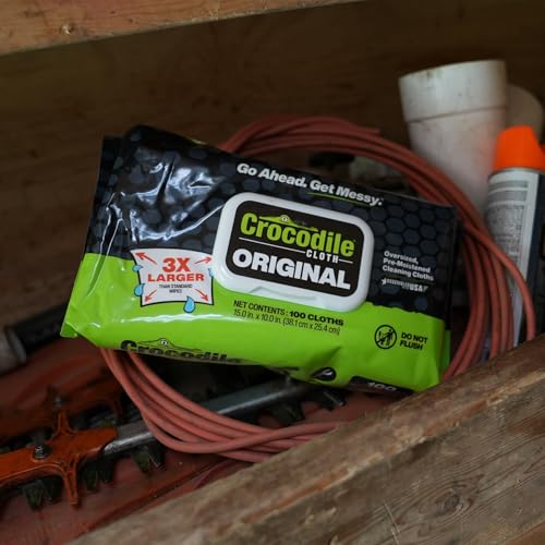 Crocodile Cloth Original Heavy-Duty Hand & Tool Wipes, 100 Count | Multi-Surface, Water-Based, Safe on Skin, 15" x 10" - size: 100 Count (Pack of 1)
